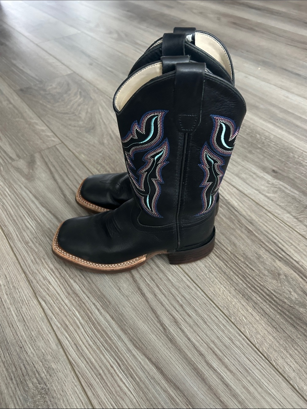 Kids Black Western Pull-On Boots with Colorful Embroidered Accents